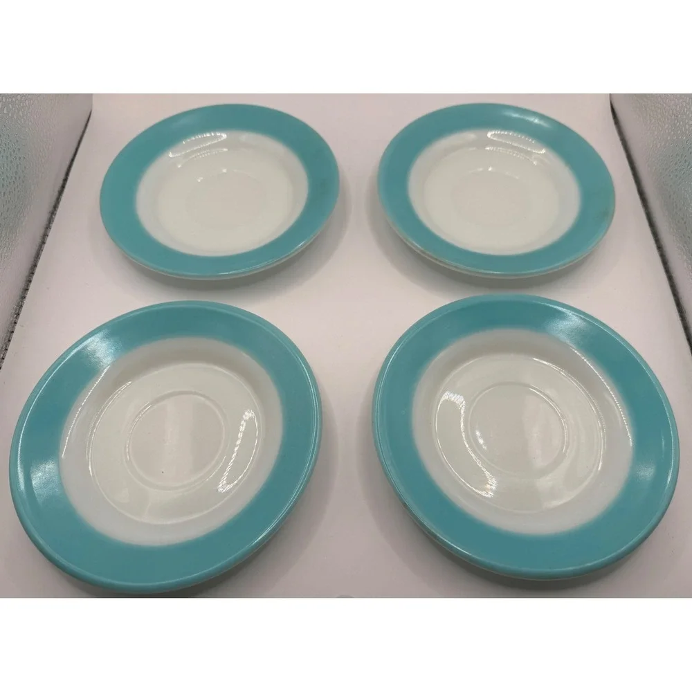 Vintage Corning Turquoise Blue Band Milk Glass Saucers Set of 4 MCM Made in USA
